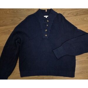 Lunya Sweater Womens L/XL Blue Henley Mock Neck Organic Cotton Silk Blend Knit